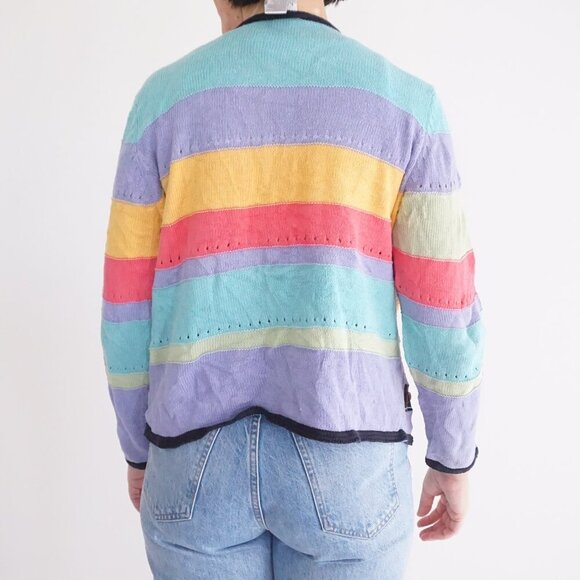 Koret Teal Pink Colorblock Cotton Blend Patchwork Button Up Cardigan Sweater M - Picture 3 of 12